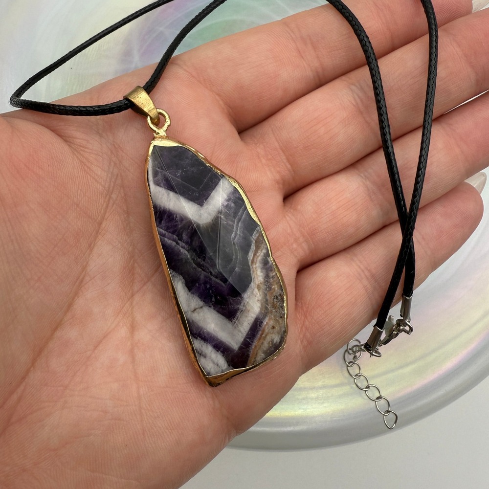 Chevron Amethyst‎ Slice Pendant Necklace Raw Stone Gold Edge Black Cord Boho